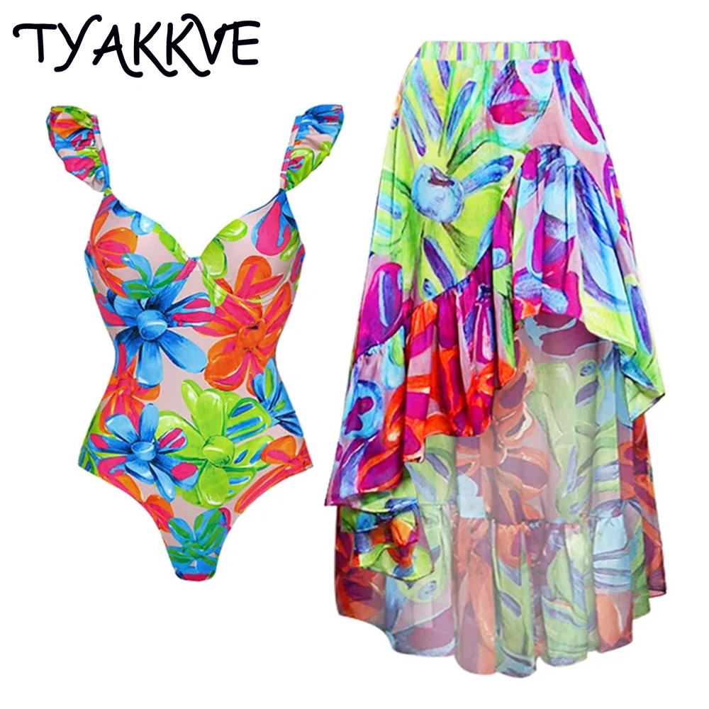 

TYAKKVE 2024 Swimwear 3D Flower Sexy Ruffle One Piece Swimsuit Women Monokini Print Dress Bathing Suits Swim Suit Wear Beachwear