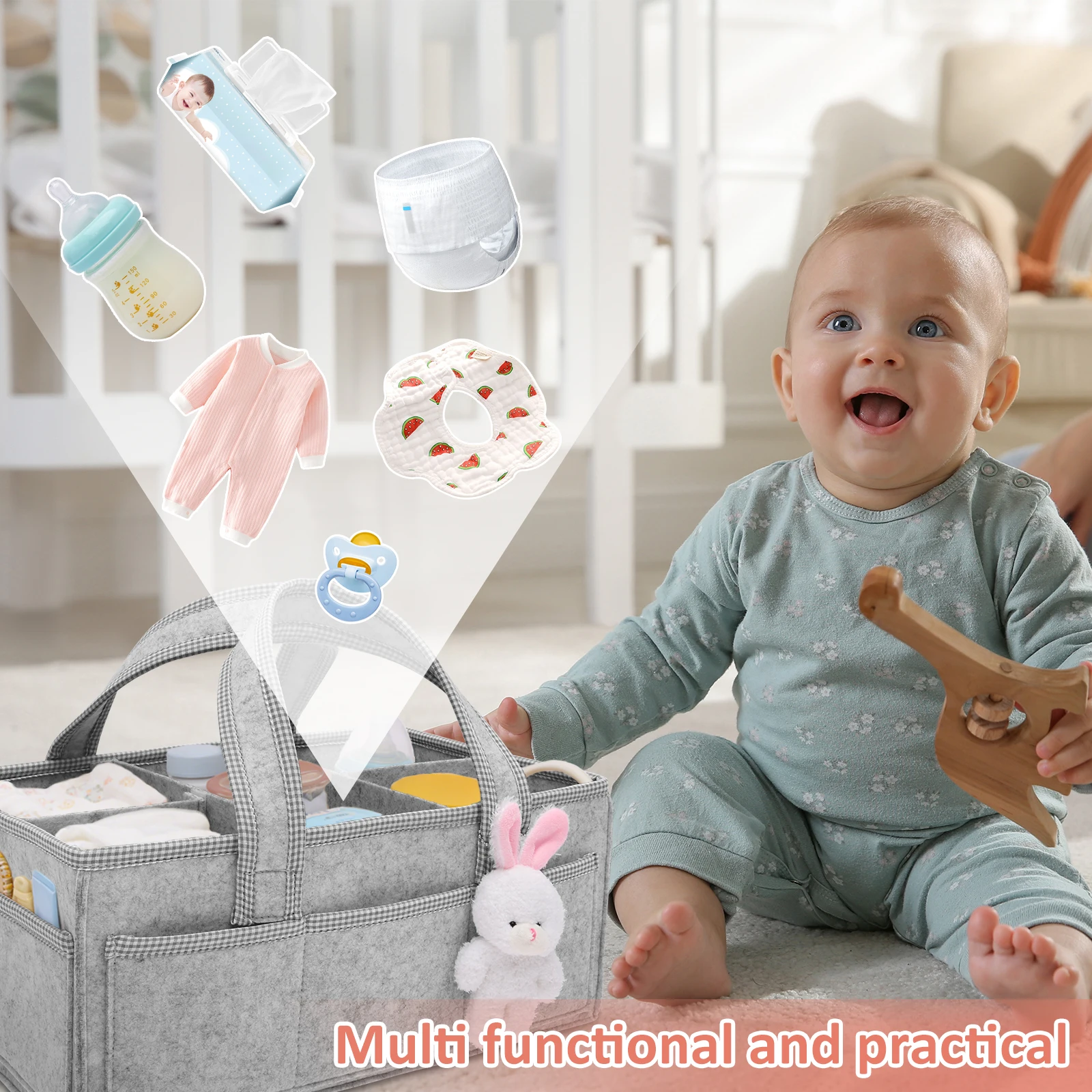 Baby Diaper Caddy Felt Baby Diaper Organizer with 5 Compartments Portable Nursery Storage Basket Nappy Diaper Changing Organizer