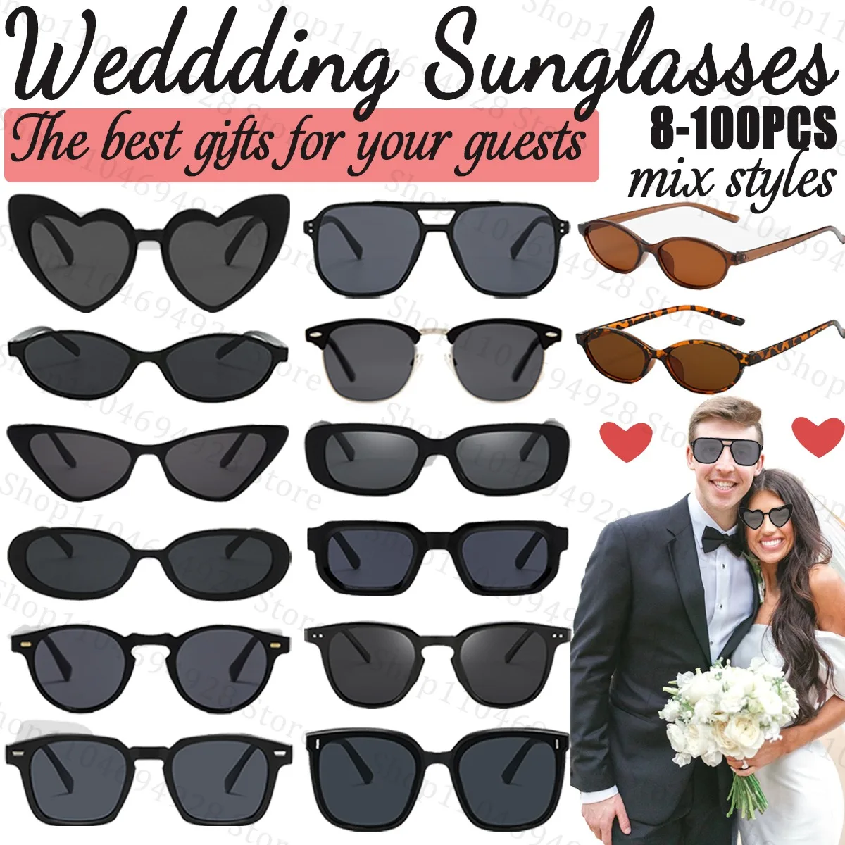 8 100PCS Wedding Sunglasses For Guests Retro Square Glasses Heart Glasses Mixed Style Sunglasses For Bacheloret Birthday Party