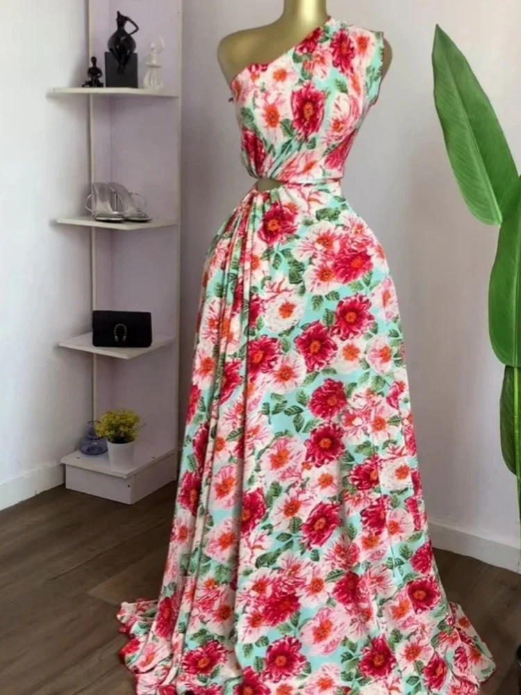 Wmstar Dress Women Wholesale Stock 2025 Cross Border Bohemian Slanted Neck Backless Cinched Waist Slimming A Line Printed Long