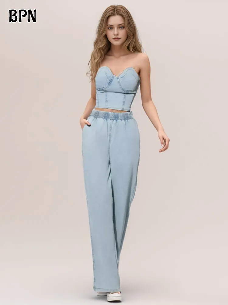 BPN Casual Denim Two Piece Sets For Women Strapless Sleeveless Tops High Waist Solid Loose Straight Leg Jeans Set Female Fashion