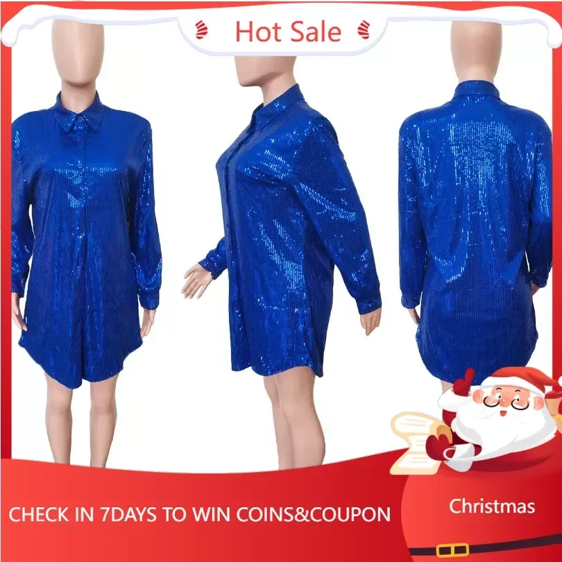 

Fashion Glitter Sequins Shirt Dress Women Lapel Single-breasted Cardigan Dresses Female New Chic Nightclub Club Party Loose Gown