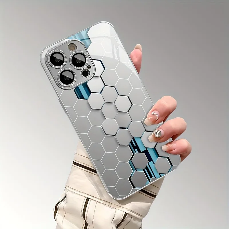 Silver Gradient Honeycomb Pattern Electroplated Phone Case with Tempered Glass Cover