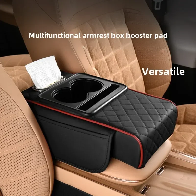 Car Center Console Armrest Cushion Thicken Arm Rest Box Pad Side Extension Cushion with Cup Holder Tissue Box Organizer Bag