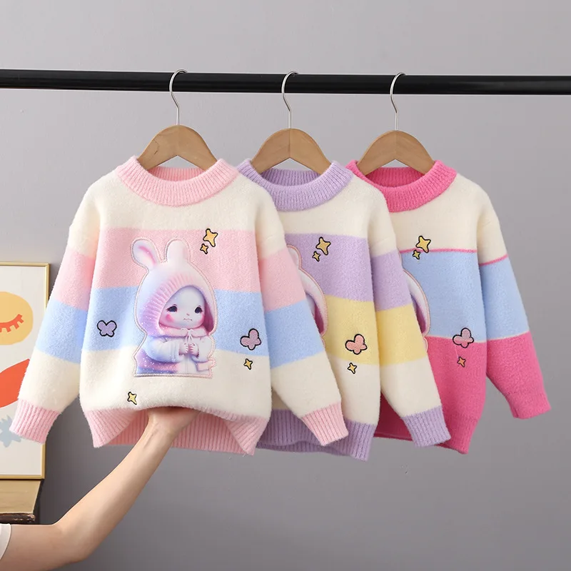 

Children Sweaters Autumn Winter Girls Fluff Pullover Sweater Thickend Warm Girls' Cartoon Rabbit O-Neck Full Sleeve Knit Shirt