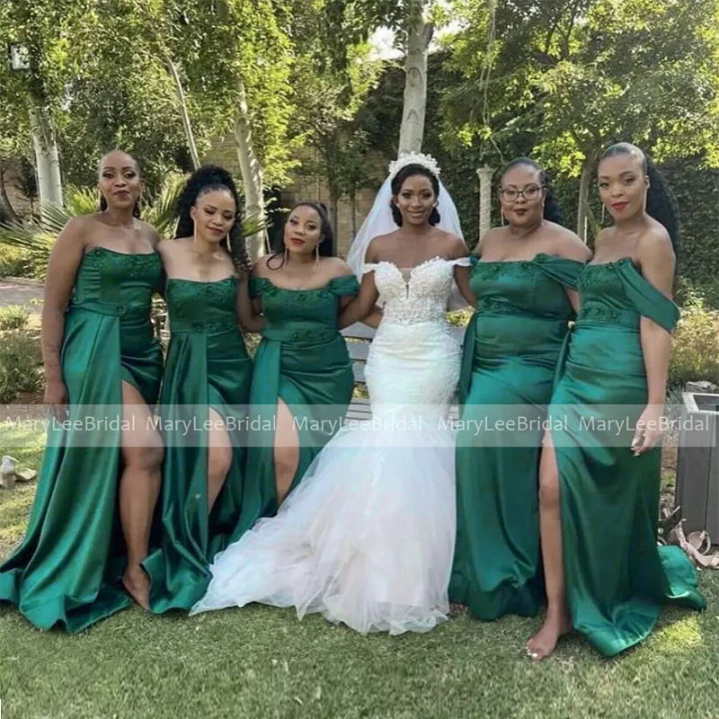 

Emerald Green Satin Bridesmaid Dresses Off the Shoulder Long Ribbon Plus Size Wedding Party Dress High Slit Women Reception Gown