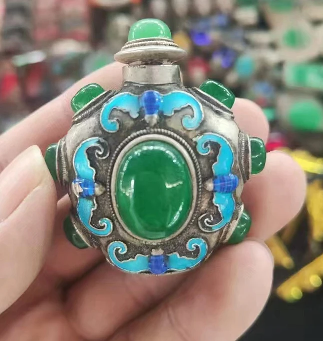 China old Tibetan folk silver inlaid with greenstone jade snuff bottle 5