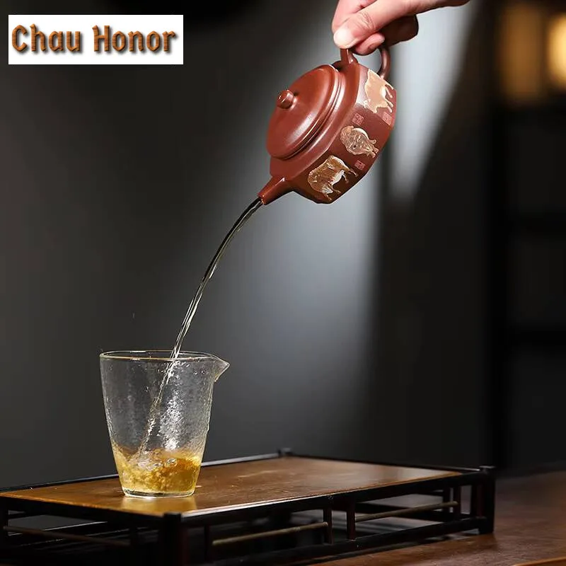 220ml Yixing Purple Clay Teapots Handmade Cattle Square Bell Pot Raw Ore Purple Mug Kettle Chinese Zisha Tea Set Customized Gift