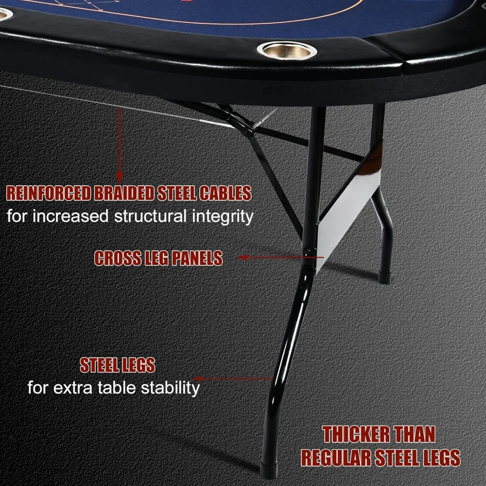 Poker Table Foldable for 10 Player, Folding Casino-Style Texas Hold'em w/Faux Leather Padded Rails & Stainless Steel Cup Holders