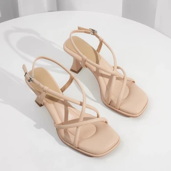 Women's Sandals Summer New High Heel Square Head Open Toe Thin Belt Combination Slip Casual Comfortable Heel Sandals 1