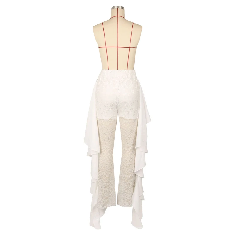 Women\'s Pants Lace Patchwork Ruffle Sexy Leggings For Fitness Summer See Through Long Flared Pant Night Club Outfits Woman Cloth