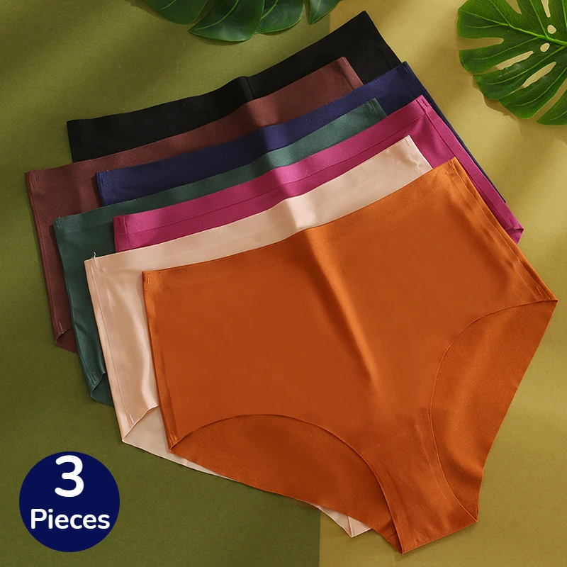 TrowBridge 여성용 하이웨이스트 심리스 팬티, 실크 새틴 스포츠 속옷, 플러스 사이즈 란제리, 편안한 언더팬츠, 3PCs/세트