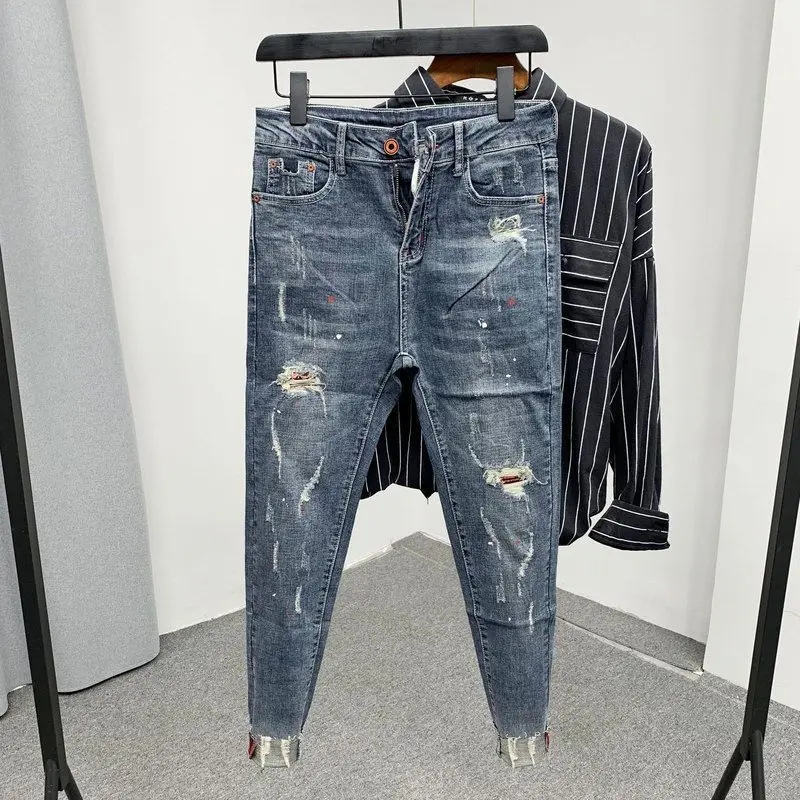 

New Fashion Men's Luxury Designer Casual Denim Slim Jeans Ripped Holes Colorful Ink Splatters Spring Autumn Streetwear Pants
