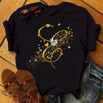 Custom Name Letter Combination Fashion Women T-shirt Diamond Gold Letter Font A B C D E F G Short Sleeve Tops Black T-shirt 1
