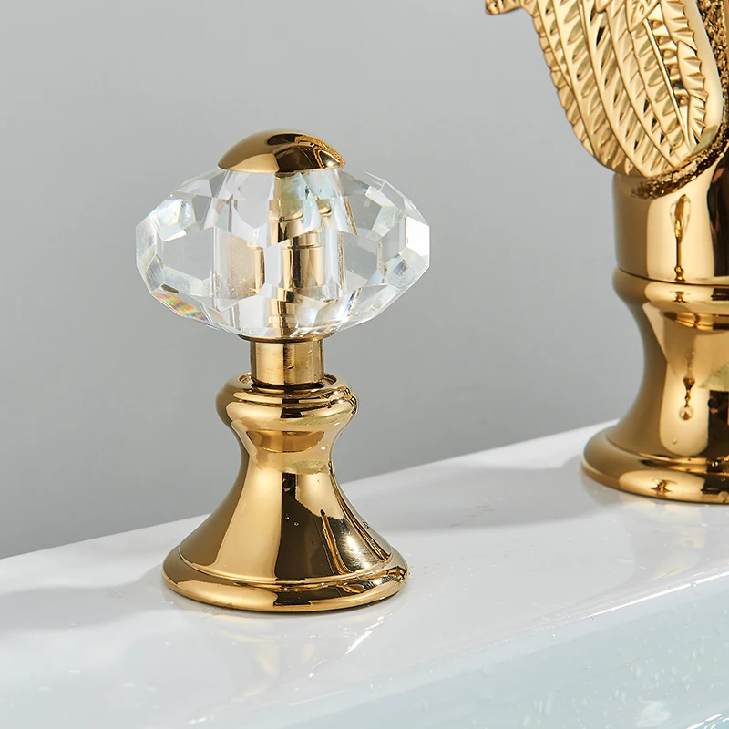 Golden Swan Shape Bathroom Faucet Basin Faucet Tap Bathtub Two Crystal Handles Hot Cold Mixer Crane Basin Tap