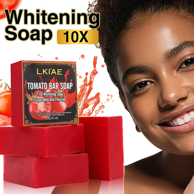 LKIAE Bio-Frucht-Tomaten-Bleaching-Seife, aufhellend, dunkel reduziert, schwarze Flecken, gleichmäßiger Hautton, saubere Haut, Peeling, 200 g
