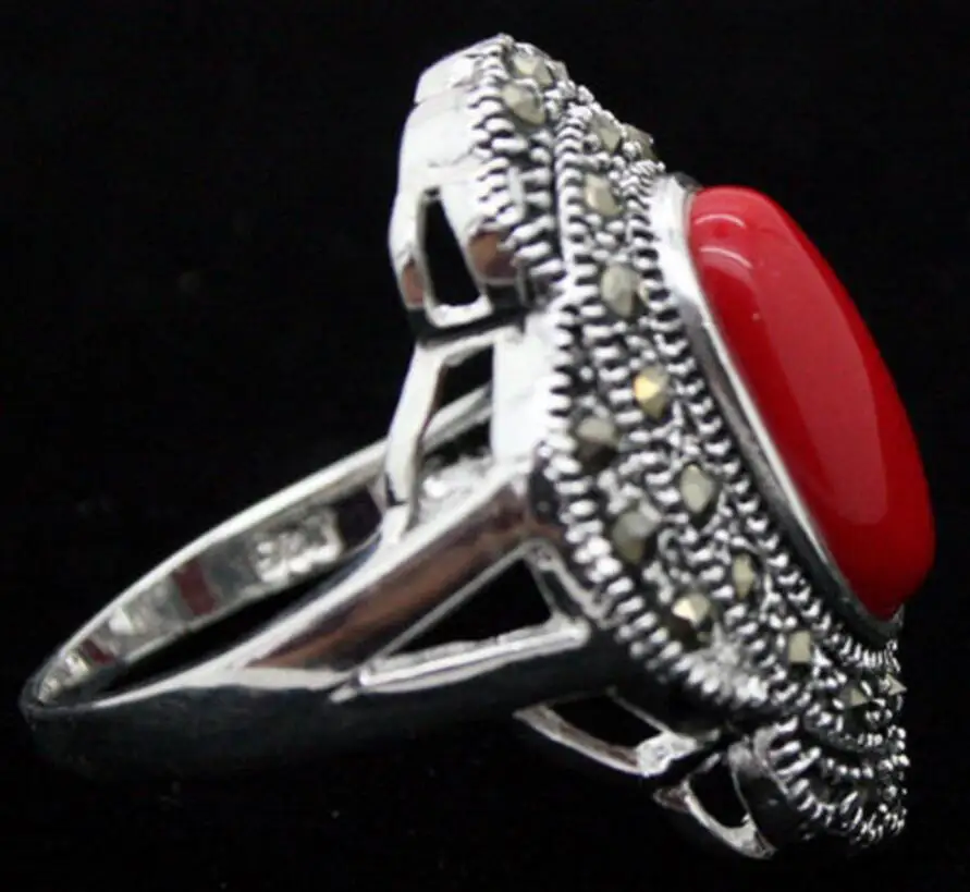 

24*16mm Vintage 925 Silver Oval Red Coral Marcasite Ring Size 7/8/9/10