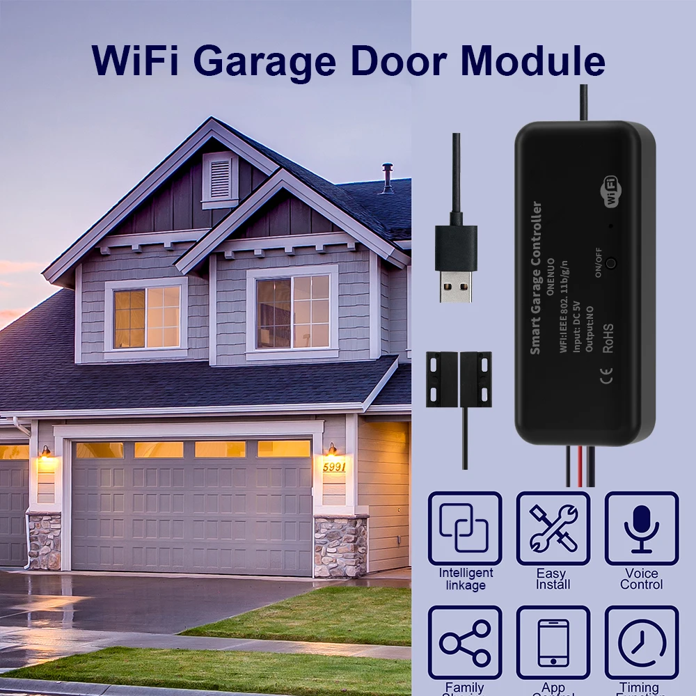 Smart Gate Opener ONENUO Tuya WiFi Switch Smart Garage Door Opener Controller Work with Alexa Echo Google Home Smart Life (Support DC5V 1A Adapter)