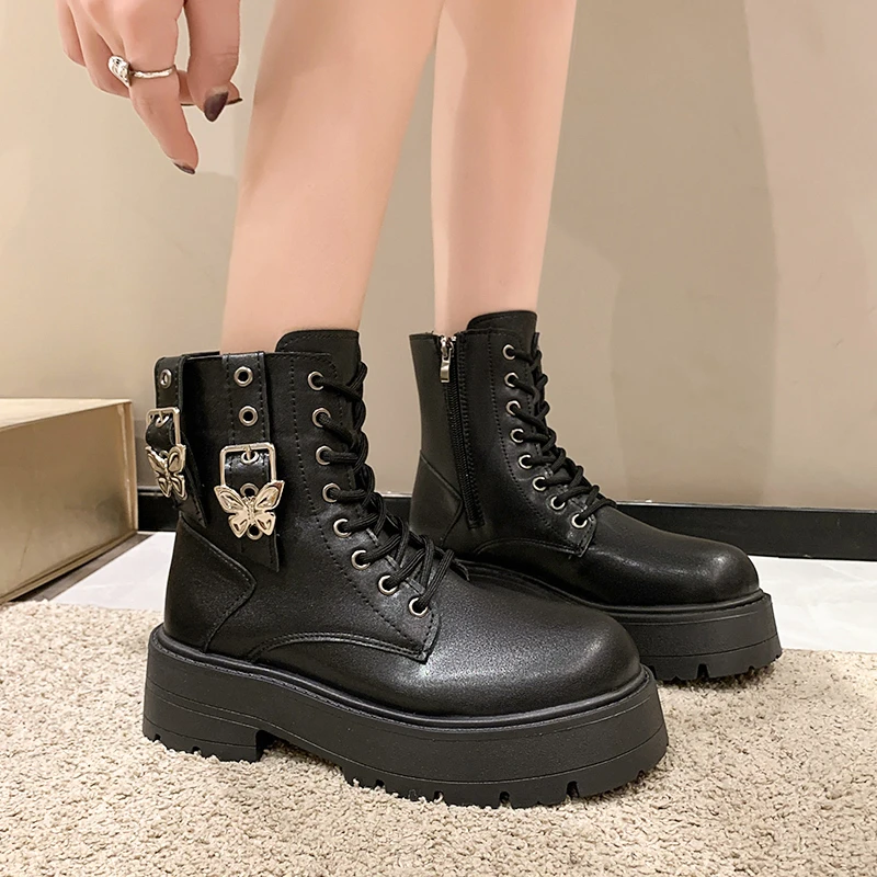 

Женские ботинки из ПУ кожи, на платформе, с металлической пряжкой