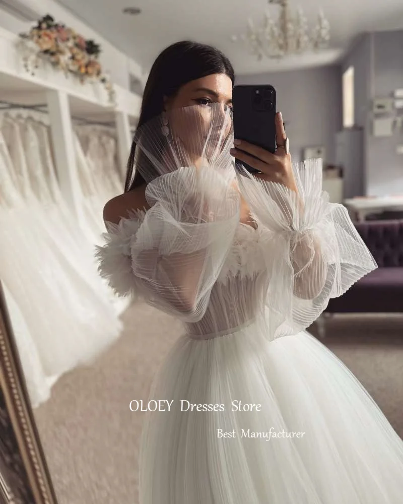 OLOEY Sexy Off Shoulder Tulle A Line Wedding Dresses noivas Princess Sweetheart Puff Long Sleeves Sweep Train Bridal Gowns 3