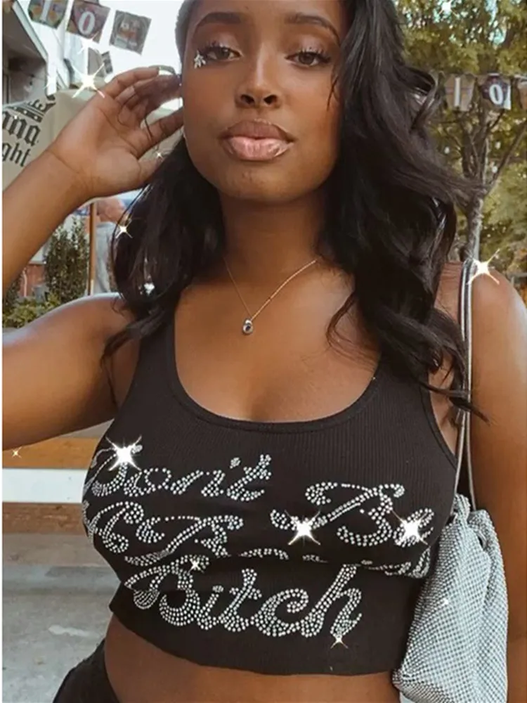 

Shine Sequined Letters Print Tank Tops Sleeveless Sexy Crop Top Summer Women Glitter Rhinestone Vest Streetwear Outfits Y2K Tees