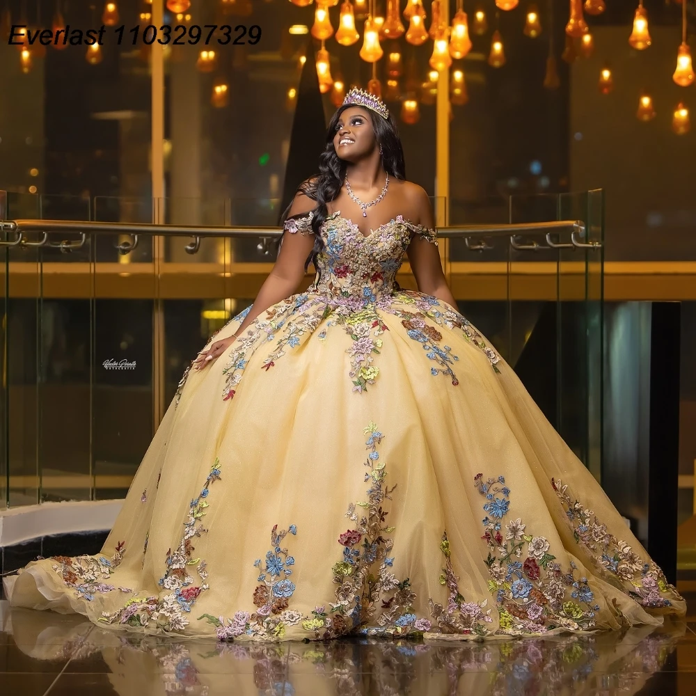 EVLAST Gold Floral Quinceanera Dress Ball Gown Colorful Applique Beading Corset Sweet 16 Vestido De 15 Anos QD1170