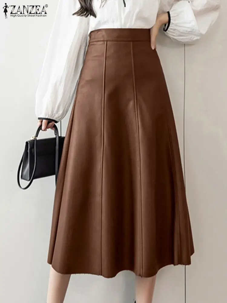 

ZANZEA Fashion High Waist Skirt Women PU Leather Midi Jupes 2023 Autumn Office Lady Skirt Elegant Solid High Waisted Party Falda