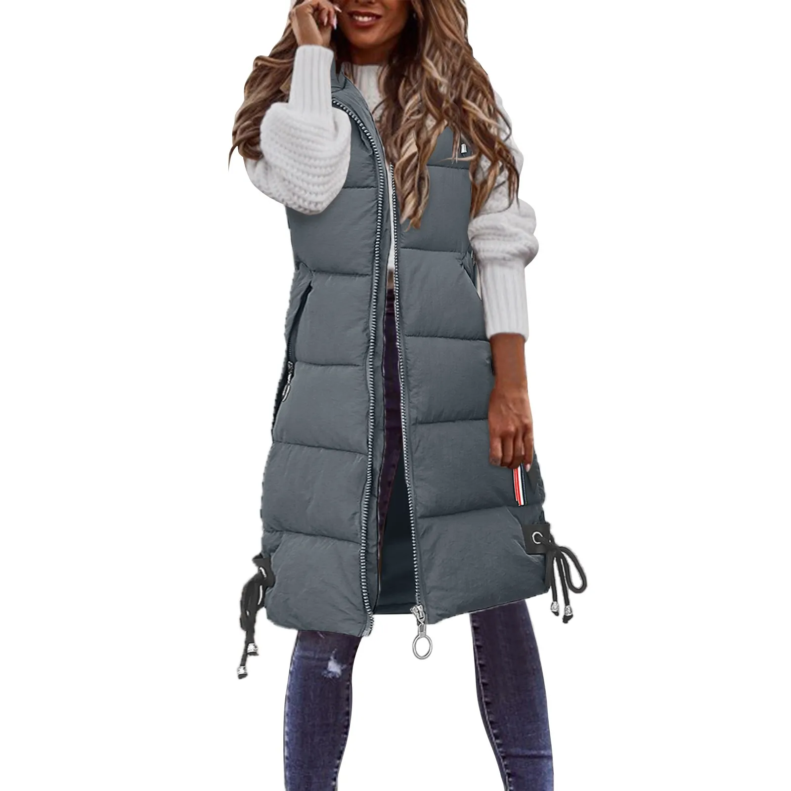 Women's Long Winter Coat Vest With Hood Sleeveless Warm Down Coat With