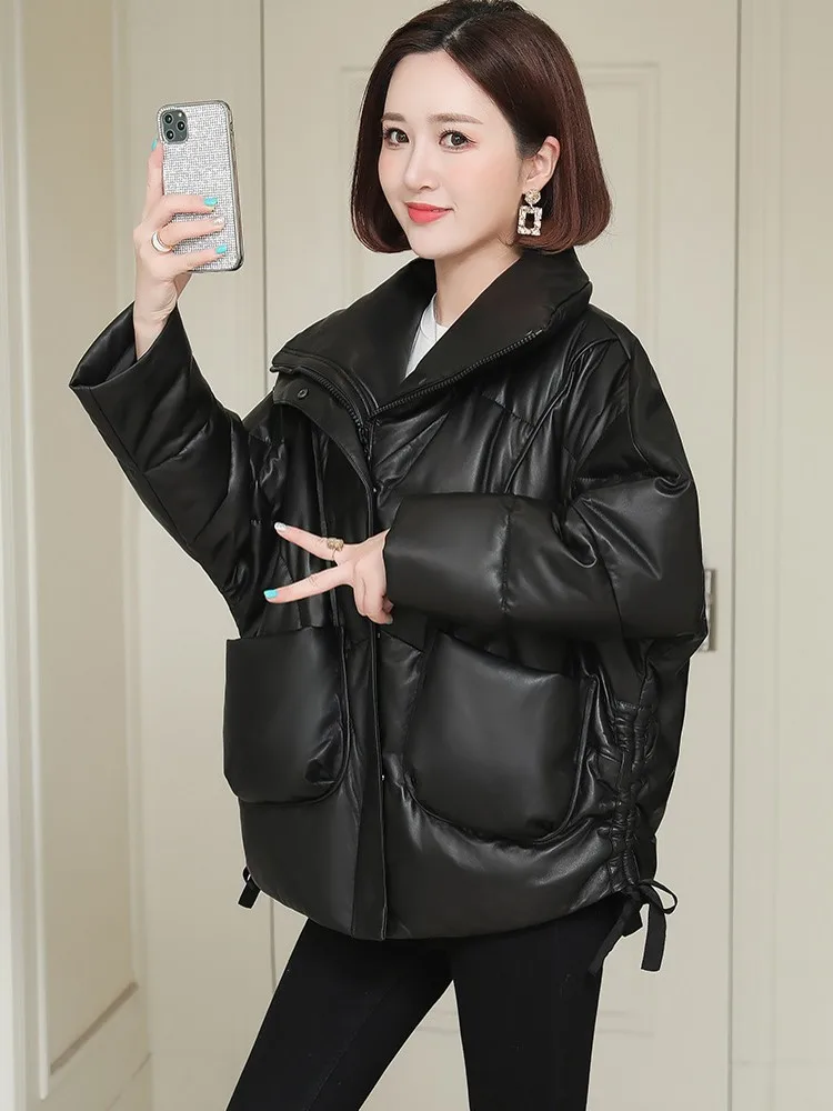 Winter Stand Collar Windproof Women Thick Warm Sheepskin Genuine Leather Down Jacket Oversized Loose Fit Overcoat Vintage Coat