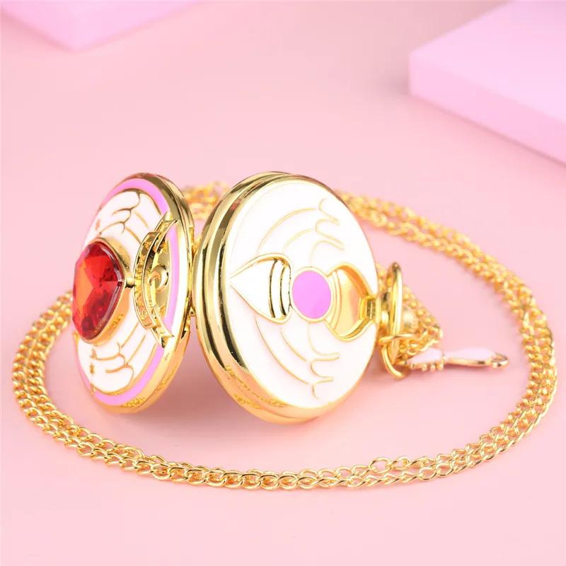 Cute 3D Red Heart Cover Pendant Moon/Cat/Pentagram Gadget Women Girl Japan Anime Quartz Pocket Watch Necklace Chain Timepiece