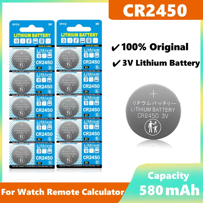 Pilas de botón de litio CR2450 2450 DL2450, 3V, para relojes, audífonos, 5  unidades