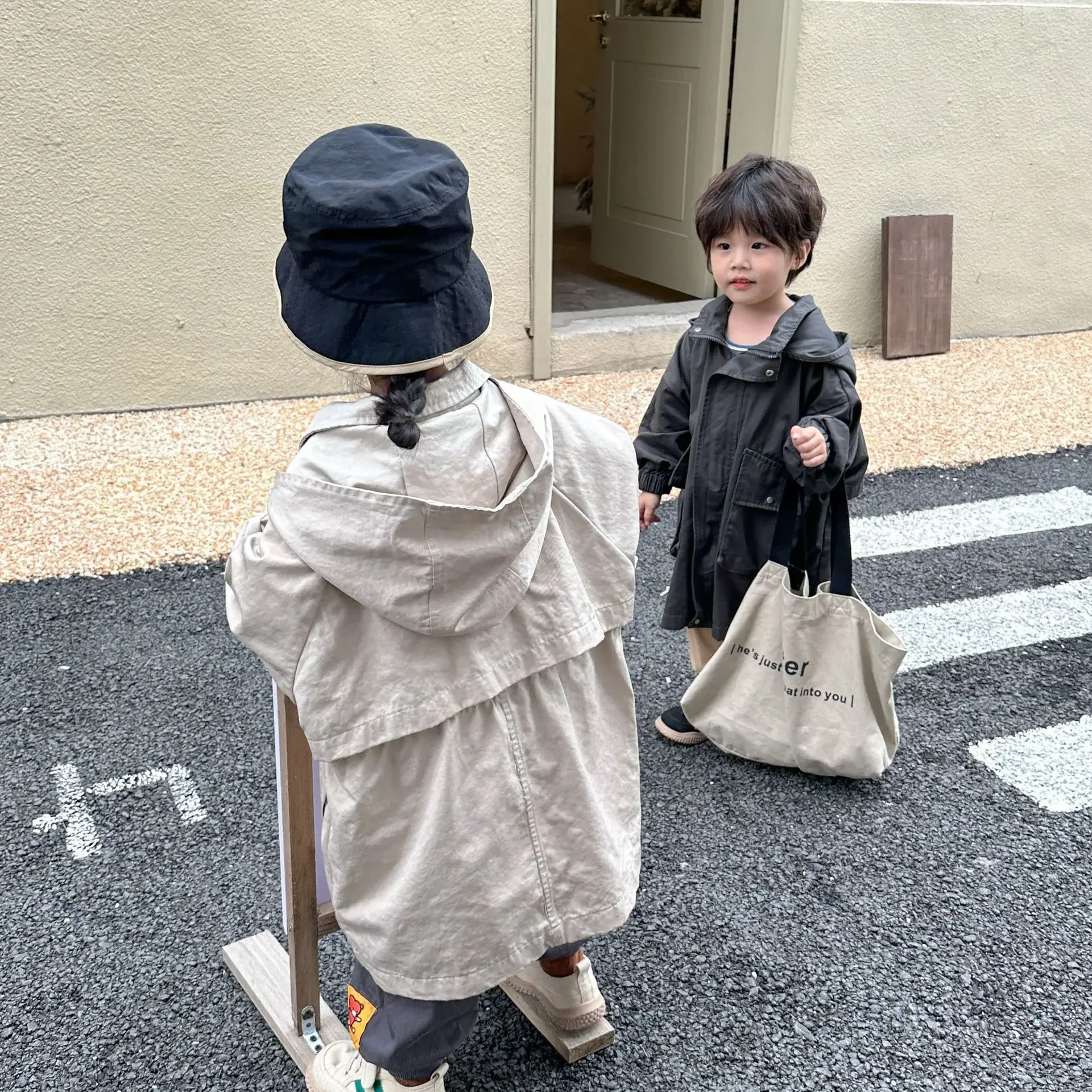 4561D Children's Coat Long Trench Coat Spring Girls' Hooded Windbreaker Korean Casual Loose Boy's Outerwear