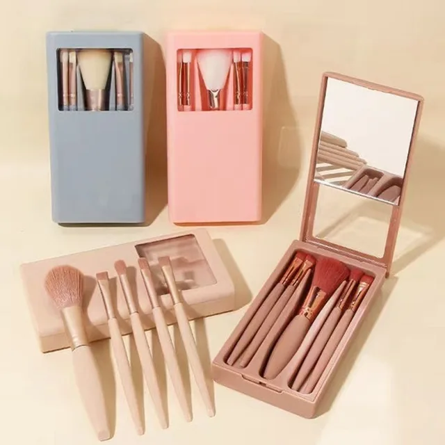 5Pcs Portable Makeup Brush Set With Mirror - Foldable Travel Kit ，Mini Makeup Brush Set Travel Makeup Brush Set