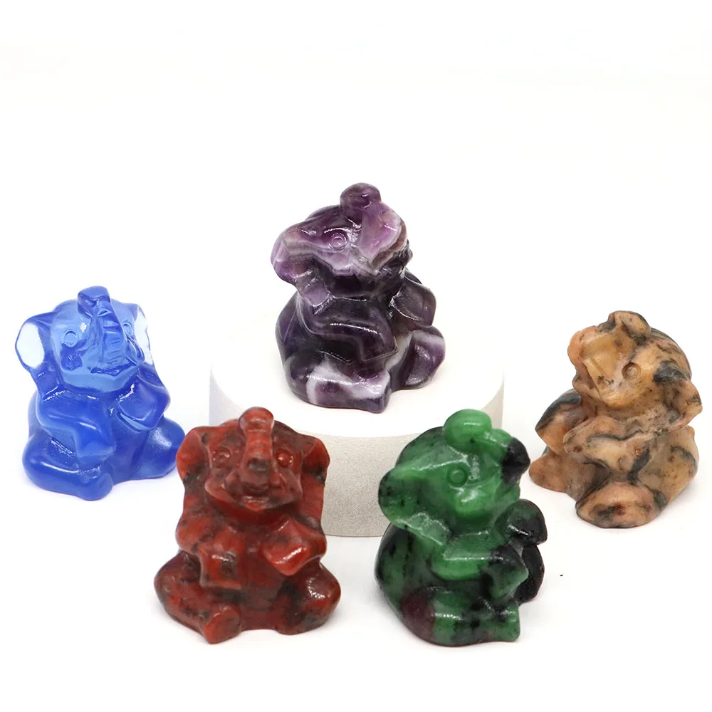 35mm Elephant Statue Natural Crystal Carving Animal Figurine Green Aventurine Rose Quartz Feng Shui Stone Crafts Home Decor Gift Animal Figurine