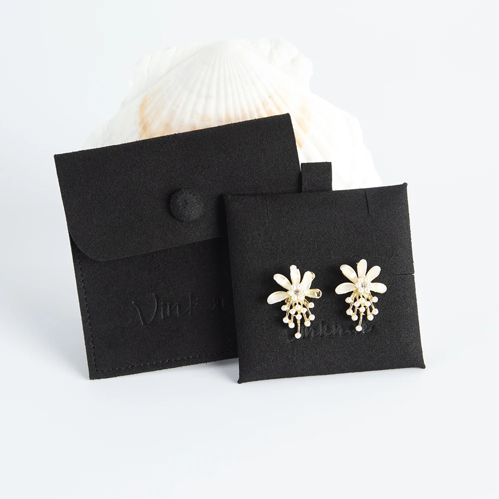 Black Suede Microfiber Gift Pouch With Insert Earring Display Cards Snap Button Envelope Jewelry Necklace Ring Organizer Bags