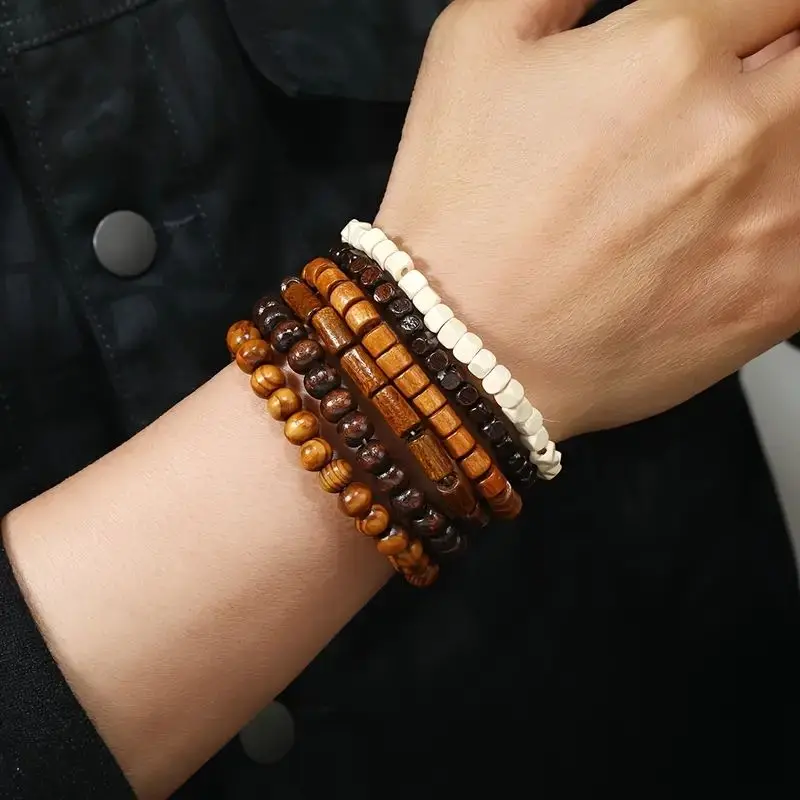24pcs/set Men's Retro Trendy Multi-layer Bracelet Set, Versatile Elastic Thread Wooden Bead Bracelet 6