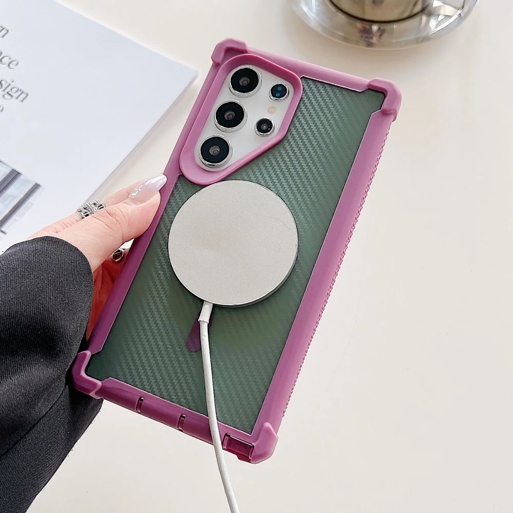 Heavy-Duty Armor Shockproof Magnetic Case with Carbon Fiber Texture and Non-Slip Silicone Bumper