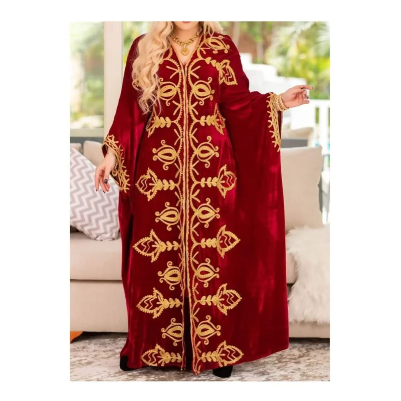 Red Kaftans Farasha Abaya Dress In Dubai Morocco Very Fancy Long Velvet Dress European and American Fashion Trend