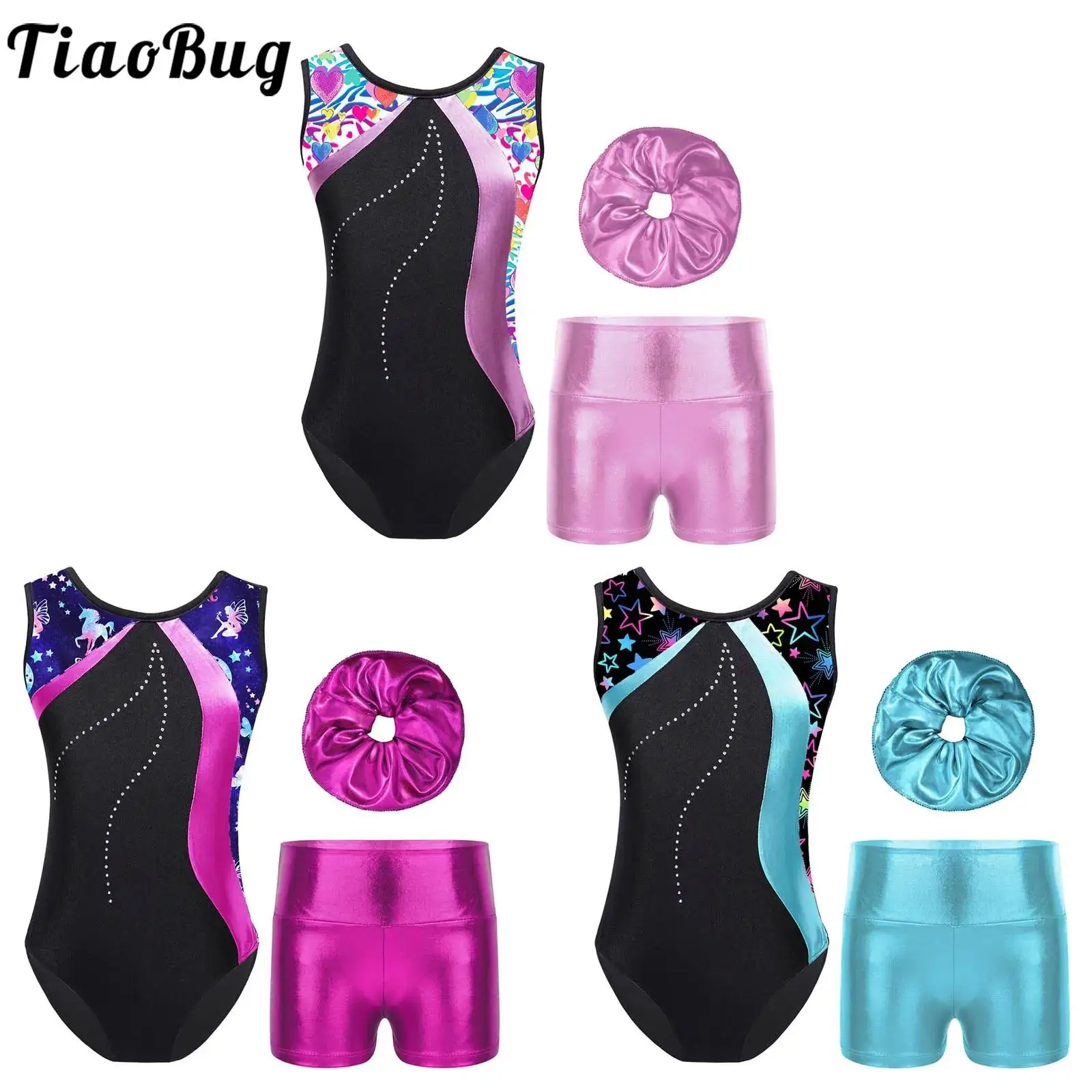 TiaoBug Kids Girls 4 to 14 Years Gymnastics Figure Skating Dress Costume Sleeveless Printed Leotard High Waist Shorts Hair Band