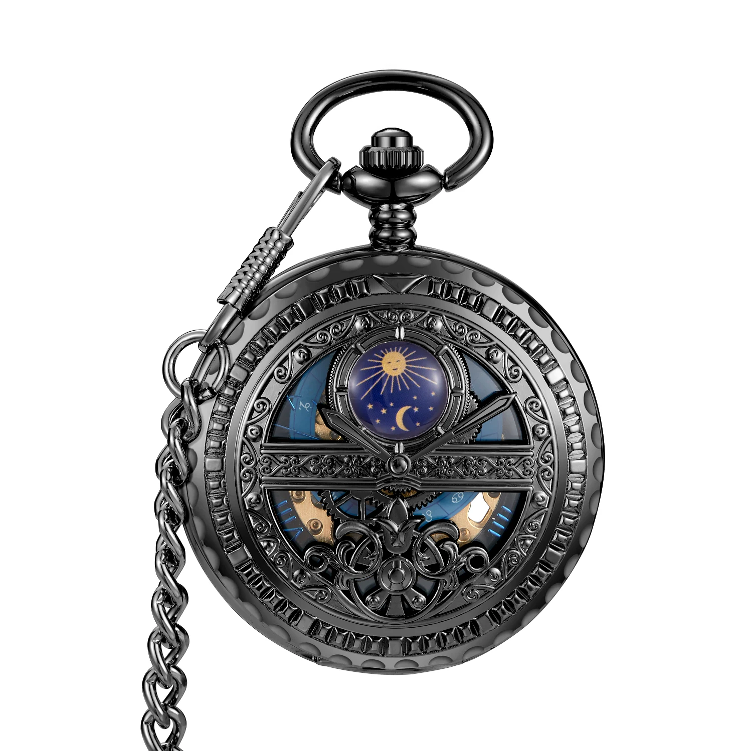 Circular Mechanical Hand Wind Pocket Watches Roman Numeral Dial Skeleton  Flip Watch Men Clock With Fob Chain Gift