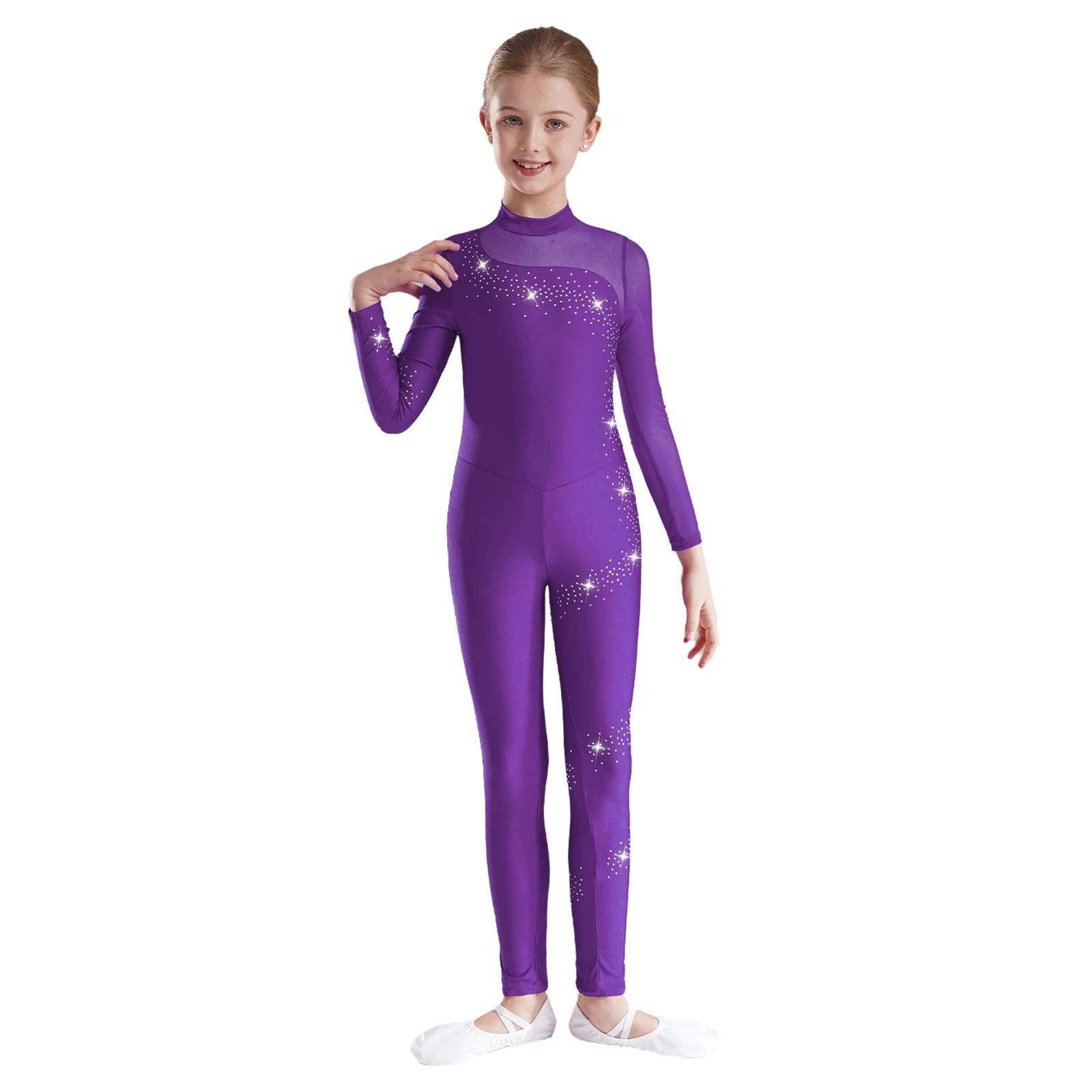 Description Picture 4 of itemKids Girls Figure Skating Gymnastics Leotards Dance Wear Teens Rhinestones Sheer Mesh Long Sleeve Gymnastics Jumpsuit Bodysuit