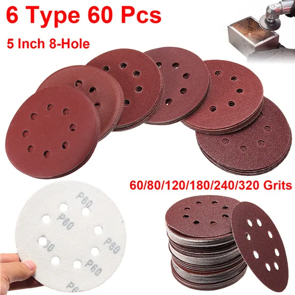 

60pcs 125mm Sanding Discs 8 Hole Hook Loop Sandpaper 60/80/120/180/240/320 Grit Sanding Paper Disc Abrasive Polishing Tools