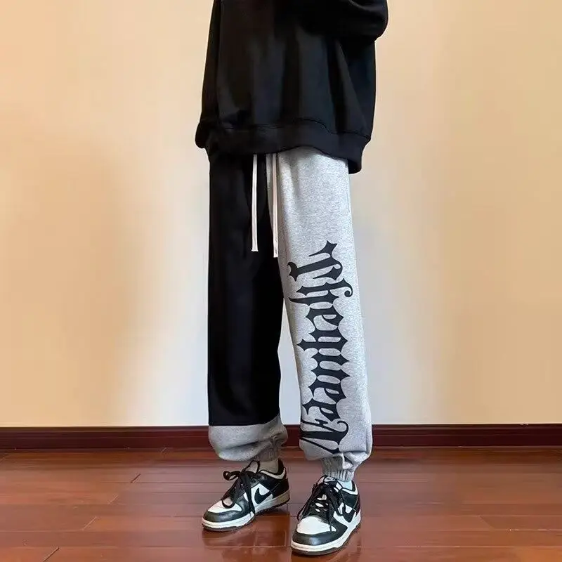 Spring Autumn 2024 Korean Men's Patchwork Contrast Color Printed Letters Drawstring Elastic Waist Loose Sports Casual Wei Pants