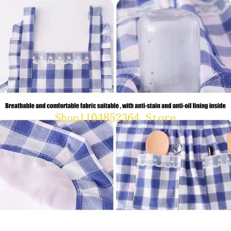 Schmutzabweisende blaue Gingham-Kochschürze mit abnehmbaren Ärmelschonern aus Polyester-Baumwolle für den privaten und professionellen Einsatz – Detail 1