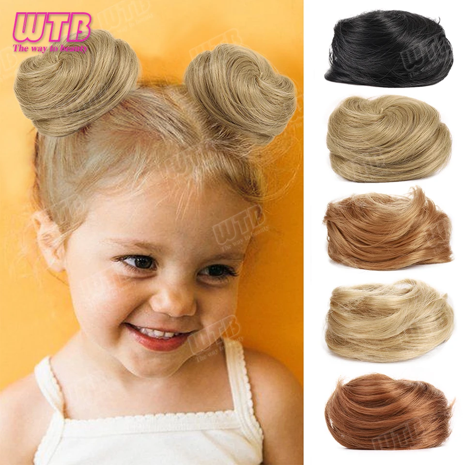 Synthetic Straight Hair Buns For Girls Kids Small Size Synthetic Hair Buns Synthetic Chignon Hairpieces Scrunchie Wrap