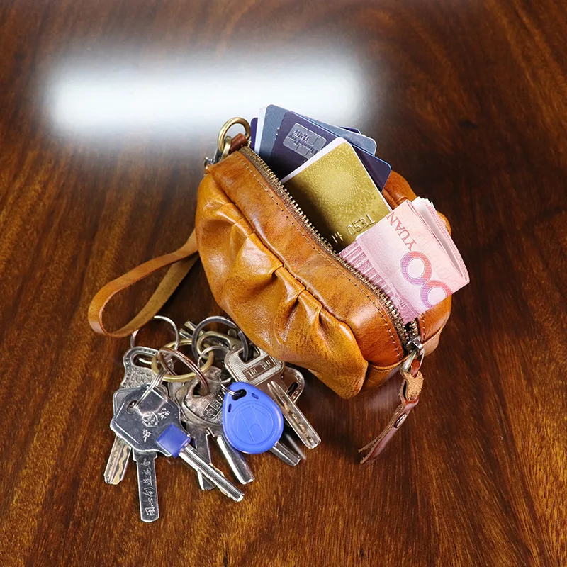 Cow Leather Mini Vintage Purse Coin Purse Card Bag Key Bag Zipper Change Purse Personality Wrinkled Coin Purse for Men and Women