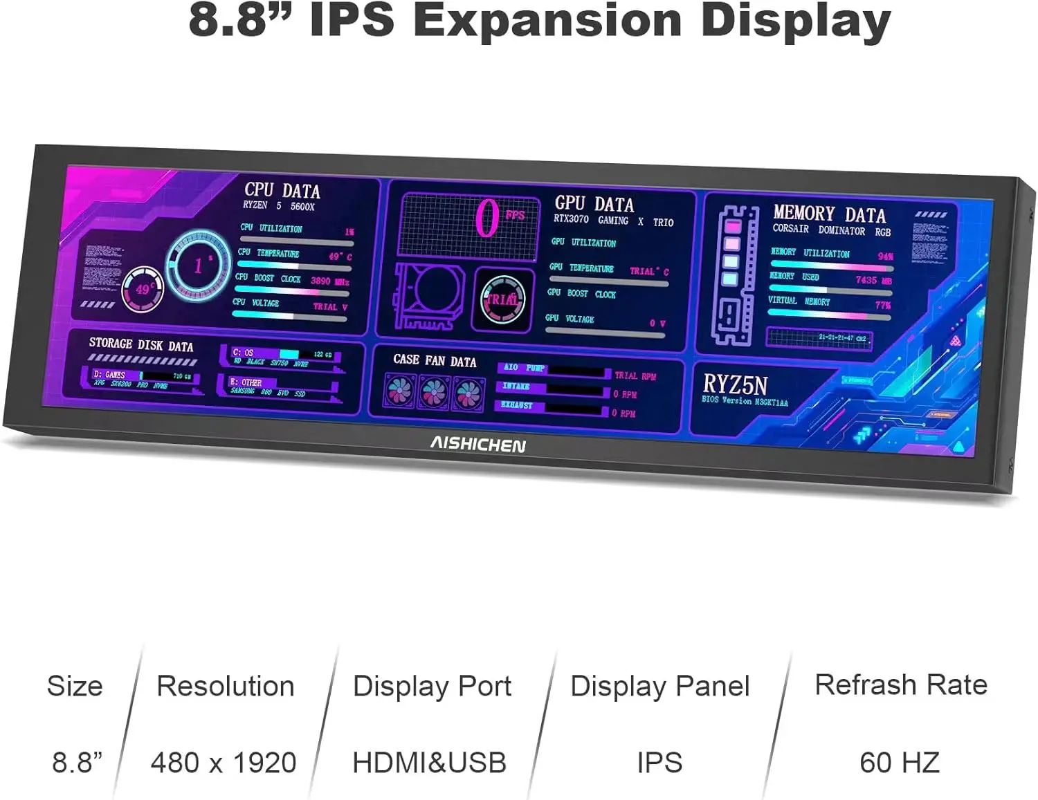 8.8 Inch PC Temperature Display PC Panel Display Computer IPS Mini Screen AIDA64 CPU RAM Temperature Computer Secondary Screen