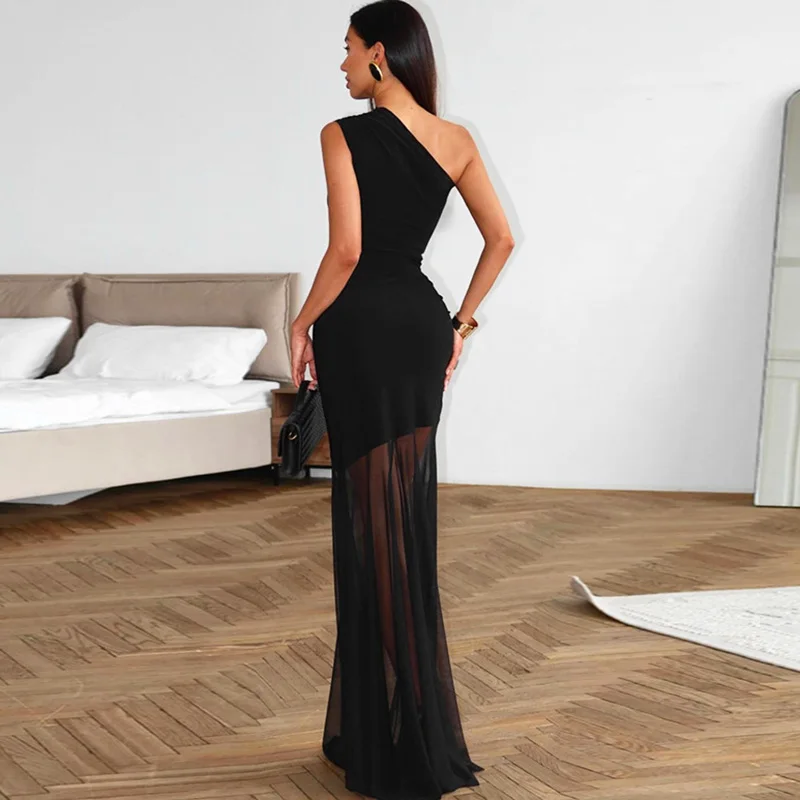 Ticketsx Off Shoulder See Through Dress Solid High Waist Patchwork Backless...