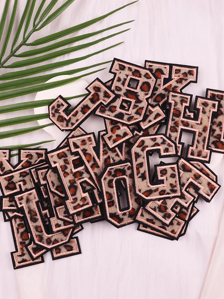 Leopard print embroidered varsity letter iron-on patches A-Z for clothing and accessories