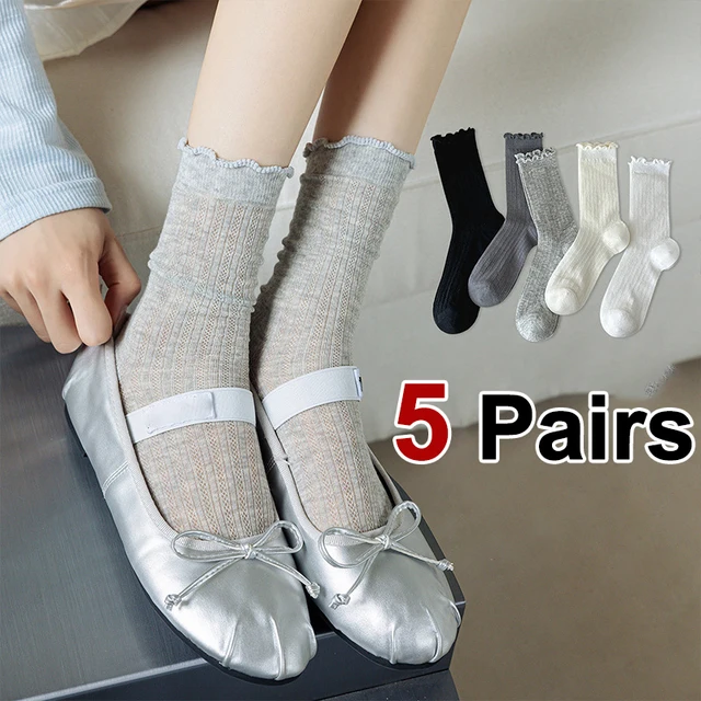 5 Pairs Women Solid Color Mesh Mid Tube Socks Summer Lightweight Breathable Fashionable Wavy Edge Ballet Style Casual Socks 1